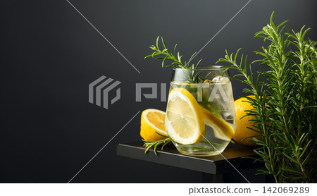 Refreshing drink with ice, lemon slices, and rosemary. Refreshing drink with ice, lemon slices, and rosemary. 142069289