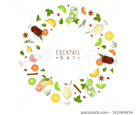 Cocktails vector frame. Circle composition with pina colada, mojito, mai tai, gluhwein, champagne and tropical fruits. Banner design for bar, party, menu, restaurants on white background 142069434