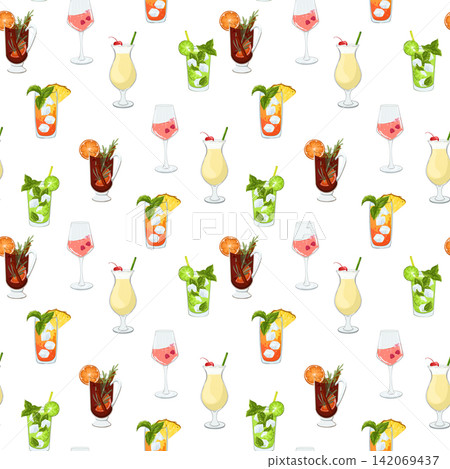 Cocktails vector seamless pattern on white background. Summer bright design with mojito, pina colada, champagne, mulled wine, mai tai. Hand drawn print for wallpaper, website background, wrapping Cocktails vector seamless pattern on white background. Summer bright design with mojito, pina colada, champagne, mulled wine, mai tai. Hand drawn print for wallpaper, website background, wrapping 142069437