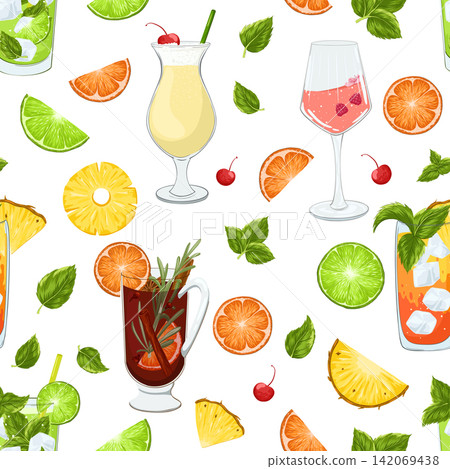 Cocktails vector seamless pattern on white background. Summer bright design with mojito, pina colada, champagne, mulled wine, mai tai, exotic fruits. Hand drawn print for wallpaper, website background Cocktails vector seamless pattern on white background. Summer bright design with mojito, pina colada, champagne, mulled wine, mai tai, exotic fruits. Hand drawn print for wallpaper, website background 142069438