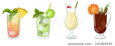 Mai tai, mojito, pina colada, gluhwein cocktail glass with alcohol drink. Cartoon vector wineglasses illustration set. Mocktails alcohol-free party. Tableware for restaurant. Transparent glasses. Mai tai, mojito, pina colada, gluhwein cocktail glass with alcohol drink. Cartoon vector wineglasses illustration set. Mocktails alcohol-free party. Tableware for restaurant. Transparent glasses. 142069440