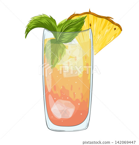 Mai Tai cocktail. Hand drawn cartoon illustration. Vector glass with colourful beverage, pineapple, ice cubes and peppermint. Mocktail. Isolated print on white background. Mai Tai cocktail. Hand drawn cartoon illustration. Vector glass with colourful beverage, pineapple, ice cubes and peppermint. Mocktail. Isolated print on white background. 142069447