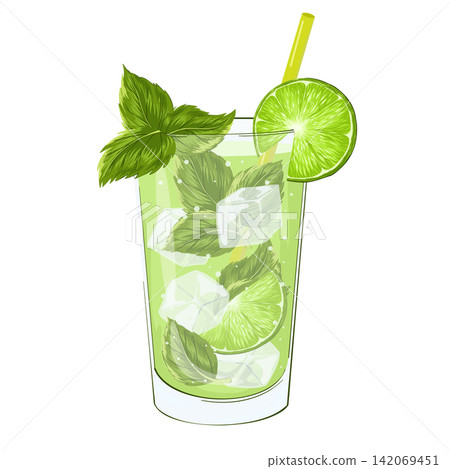 Mojito in glass. Cartoon glass with non-alcoholic refreshing drink. Vector lemonade in transparent glass. Beverage with mint, lime, soda. Summer drink. Print for menu, restaurants, stickers. Mojito in glass. Cartoon glass with non-alcoholic refreshing drink. Vector lemonade in transparent glass. Beverage with mint, lime, soda. Summer drink. Print for menu, restaurants, stickers. 142069451