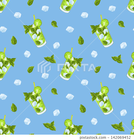 Mojito seamless pattern. Lime, mint leaves and ice cubes on a blue background. Vector cartoon illustration. Bright summer background for restaurants, cafe, menu. Refreshing cocktail, soda, lemonade Mojito seamless pattern. Lime, mint leaves and ice cubes on a blue background. Vector cartoon illustration. Bright summer background for restaurants, cafe, menu. Refreshing cocktail, soda, lemonade 142069452