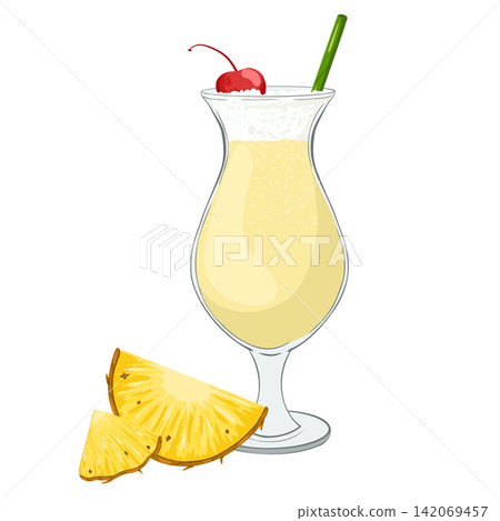Pina colada cocktail in glass with straw and pineapple slice. Cartoon glass with non-alcoholic mocktail. Vector sweet summer drink. Beverage with pineapple and milk. Print for menu, restaurants, stick Pina colada cocktail in glass with straw and pineapple slice. Cartoon glass with non-alcoholic mocktail. Vector sweet summer drink. Beverage with pineapple and milk. Print for menu, restaurants, stick 142069457
