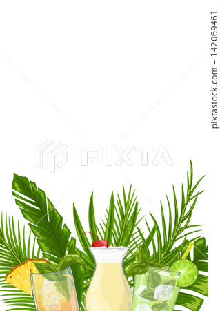 Tropical vertical frame with cocktail, fruits, palm leaves for party invitations, sale posters, banner and wedding cards. Hand drawn illustration with a text place. Elements are not cropped Tropical vertical frame with cocktail, fruits, palm leaves for party invitations, sale posters, banner and wedding cards. Hand drawn illustration with a text place. Elements are not cropped 142069461