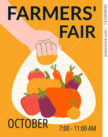 Farmers Fair October Poster with Fresh Vegetables in Bag Vector Illustration Farmers Fair October Poster with Fresh Vegetables in Bag Vector Illustration 142069690