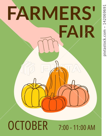 Farmers Fair Poster with Pumpkins in Bag Vector Illustration Farmers Fair Poster with Pumpkins in Bag Vector Illustration 142069691