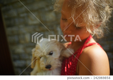 Child Holding Puppy with Loving Expression Outdoors Child Holding Puppy with Loving Expression Outdoors 142069858