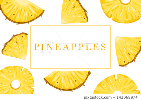 Pineapples vector tag. Tropical fruit sticker design. Text place. Fruity pattern cover background. Label for food, drink, flavour packaging, beauty products. Uncut elements Pineapples vector tag. Tropical fruit sticker design. Text place. Fruity pattern cover background. Label for food, drink, flavour packaging, beauty products. Uncut elements 142069974