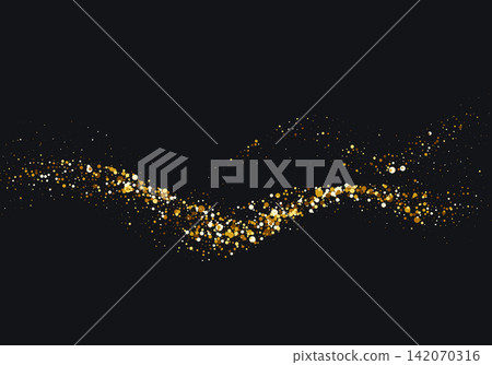 Golden particle wave with sparkling light trail on black background Golden particle wave with sparkling light trail on black background 142070316