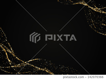 Abstract luxury black background with golden glitter waves in opposite corners and large copy space. Vector frame for card or invitation. Abstract luxury black background with golden glitter waves in opposite corners and large copy space. Vector frame for card or invitation. 142070366