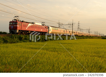 The Cassiopeia sleeper train runs through a rural landscape. 142070396