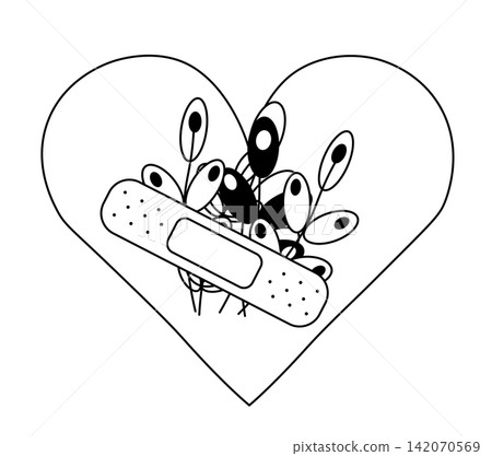 Sticking plaster and flowers on heart silhouette. Pharmacy composition hand drawn illustration. Vector graphic line art. background for banners, print for fabric, labels, t-shirt printing. Sticking plaster and flowers on heart silhouette. Pharmacy composition hand drawn illustration. Vector graphic line art. background for banners, print for fabric, labels, t-shirt printing. 142070569