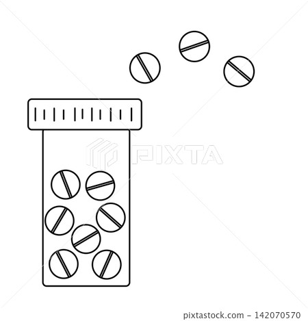 open bottle of pills Pharmacy composition hand drawn illustration. Vector graphic line art. Prescription medications Perfect for logo, branding, packaging, labels, and modern decor design. 142070570
