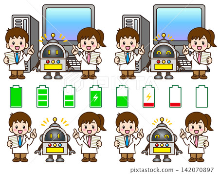 A set of illustrations of a child scientist developing robots. A set of illustrations of a child scientist developing robots. 142070897