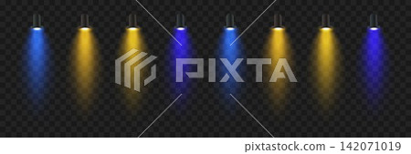 Spotlights casting vibrant blue and yellow light beams on a transparent background for stage effects Spotlights casting vibrant blue and yellow light beams on a transparent background for stage effects 142071019