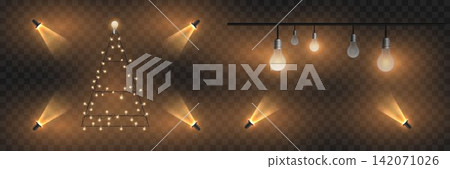 Lighting elements, including a light string tree and hanging bulbs, illuminate a transparent background Lighting elements, including a light string tree and hanging bulbs, illuminate a transparent background 142071026