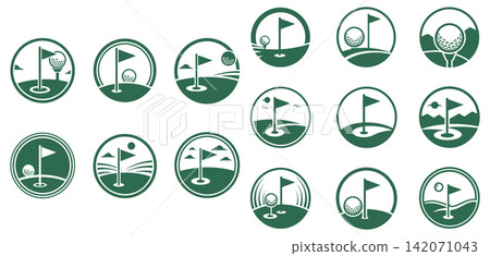 Collection of golf course icons featuring flags and balls on greens for sporting event branding Collection of golf course icons featuring flags and balls on greens for sporting event branding 142071043