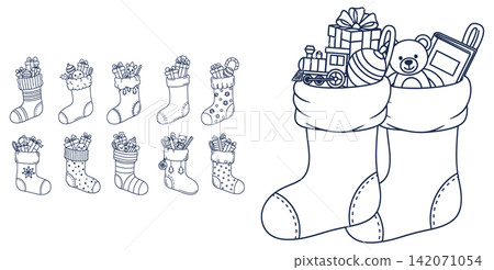 Collection of hand drawn christmas stockings filled with gifts and toys for holiday season festive designs 142071054