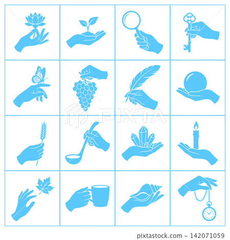 Collection of hand holding various objects and nature elements icon set in flat linear vector style Collection of hand holding various objects and nature elements icon set in flat linear vector style 142071059