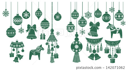 Collection of hanging christmas baubles and decorative holiday tassels for festive seasonal graphic design and illustration Collection of hanging christmas baubles and decorative holiday tassels for festive seasonal graphic design and illustration 142071062