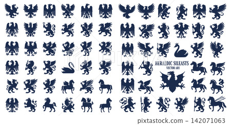 Collection of heraldic creature silhouettes featuring eagles and griffins for historical emblems and badge designs 142071063