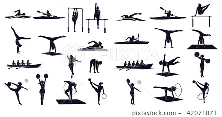Collection of human silhouettes performing various sports activities and fitness exercises in simple flat style Collection of human silhouettes performing various sports activities and fitness exercises in simple flat style 142071071