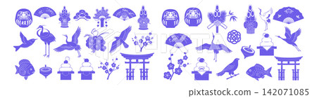 Collection of japanese new year vector symbols featuring cranes and traditional decorative elements in silhouette style Collection of japanese new year vector symbols featuring cranes and traditional decorative elements in silhouette style 142071085