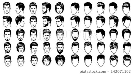 Collection of male head silhouettes with diverse hairstyles and facial hair options for character design 142071102