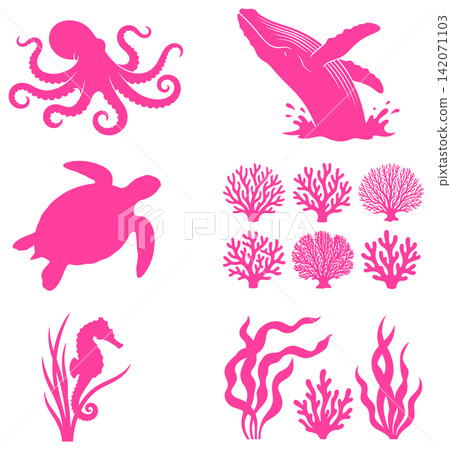 Collection of marine animals and aquatic life silhouettes isolated for ocean themed graphic design projects Collection of marine animals and aquatic life silhouettes isolated for ocean themed graphic design projects 142071103