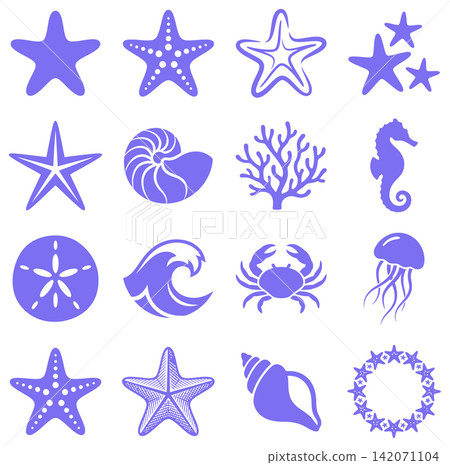 Collection of marine life and ocean icons featuring starfish shells and crab in flat style Collection of marine life and ocean icons featuring starfish shells and crab in flat style 142071104