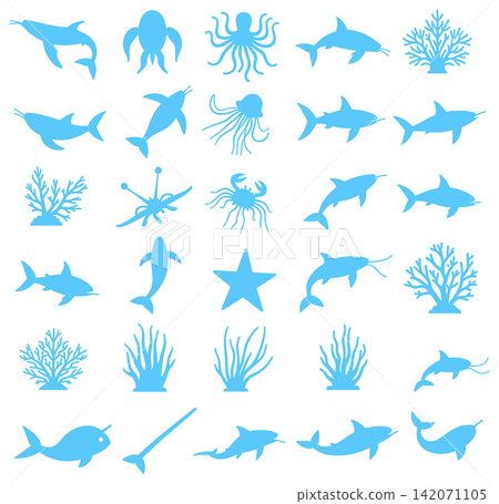 Collection of marine life silhouettes featuring various fish coral and sea creatures in flat style 142071105