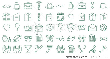 Collection of masculine lifestyle line art icons featuring common accessories and hobbies for design projects 142071106