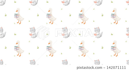 Seamless pattern with goose and cat with books. Childish cartoon reading characters, set for kids. Watercolour isolated illustrations on white background Seamless pattern with goose and cat with books. Childish cartoon reading characters, set for kids. Watercolour isolated illustrations on white background 142071111