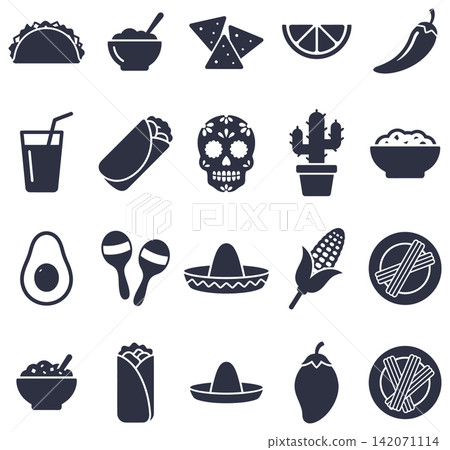 Collection of mexican food icons featuring tacos and traditional cultural elements in simple flat graphic style Collection of mexican food icons featuring tacos and traditional cultural elements in simple flat graphic style 142071114