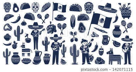 Collection of mexican themed silhouettes featuring sombreros tacos cactuses and traditional mariachi musical band instruments Collection of mexican themed silhouettes featuring sombreros tacos cactuses and traditional mariachi musical band instruments 142071115