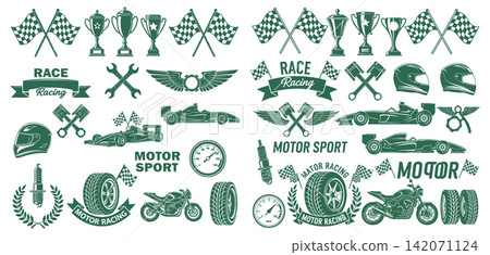 Collection of motor sport racing symbols featuring trophy cups race flags and speed vehicle parts Collection of motor sport racing symbols featuring trophy cups race flags and speed vehicle parts 142071124