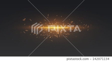 Golden light beam shattering into abstract geometric glass pieces, scattering with sparkling particles Golden light beam shattering into abstract geometric glass pieces, scattering with sparkling particles 142071134