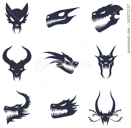 Collection of mythical dragon head silhouettes featuring various sharp horns and jagged teeth design elements 142071137