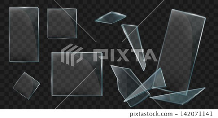 Shattered and intact glass fragments presenting a clear, reflective surface on a transparent background Shattered and intact glass fragments presenting a clear, reflective surface on a transparent background 142071141