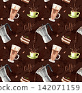 Seamless coffee pattern on a dark chocolate background. Watercolor pattern for kitchen textiles, packaging, coffee shop branding, and menus. 142071159