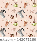 Seamless coffee pattern on a cream background. Watercolor pattern for kitchen textiles, packaging, coffee shop branding, and menus. 142071160