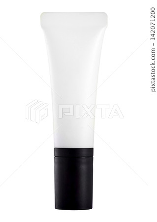 straight flat shot of a white mock-up empty makeup cosmetics plastic squeeze tube with closed black head cap isolated on white background with clipping path straight flat shot of a white mock-up empty makeup cosmetics plastic squeeze tube with closed black head cap isolated on white background with clipping path 142071200