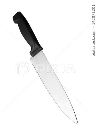 stainless steel kitchen chef knife with black grip isolated in white background with clipping path 142071201