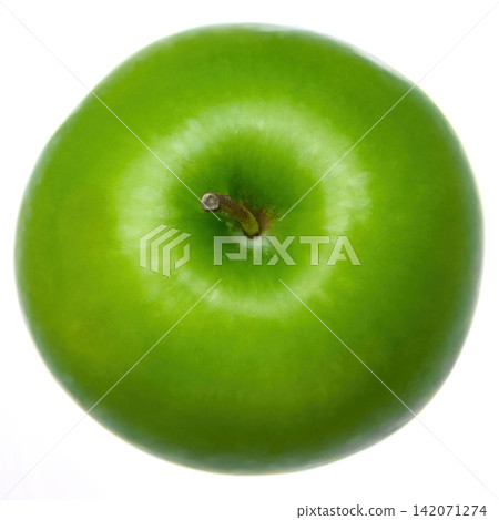top view shot of an fresh green apple isolated in white background with clipping path top view shot of an fresh green apple isolated in white background with clipping path 142071274