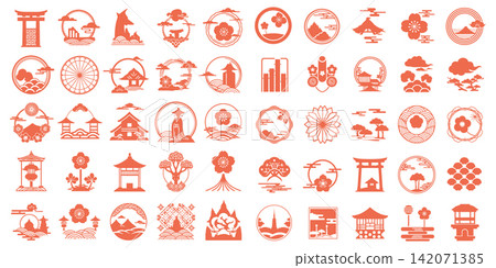 Collection of oriental circular symbols featuring traditional architecture and floral motifs in linear art style Collection of oriental circular symbols featuring traditional architecture and floral motifs in linear art style 142071385
