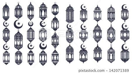 Collection of ornate hanging lanterns and crescent moon symbols in flat graphic vector style Collection of ornate hanging lanterns and crescent moon symbols in flat graphic vector style 142071389
