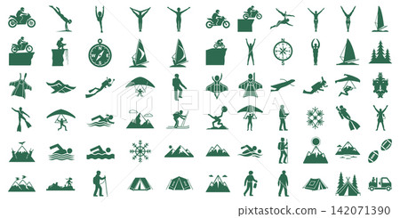 Collection of outdoor activity silhouette icons showing sports adventure and lifestyle symbols for travel branding Collection of outdoor activity silhouette icons showing sports adventure and lifestyle symbols for travel branding 142071390
