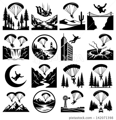 Collection of paragliding icons showing extreme sports adventurers soaring over natural landscapes and city buildings Collection of paragliding icons showing extreme sports adventurers soaring over natural landscapes and city buildings 142071398